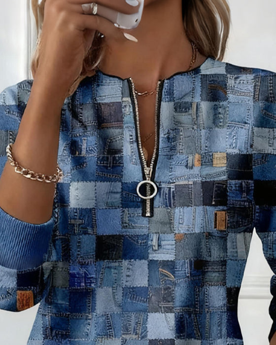 Sweatshirt mit halbem Reißverschluss Kragen Karomuster