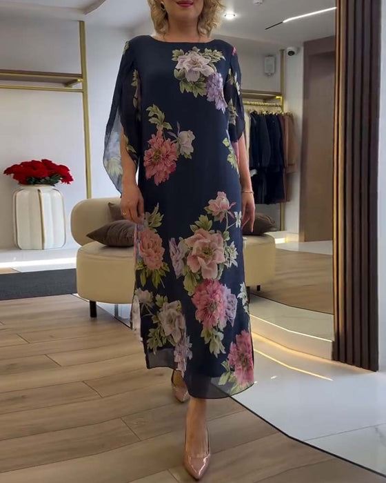 Kleid Rundhals Blumen Schlitz