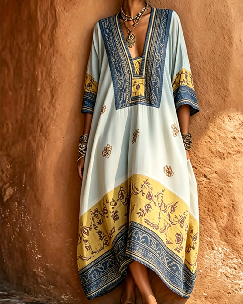 Kleid V-Ausschnitt Etnisch Großer Saum