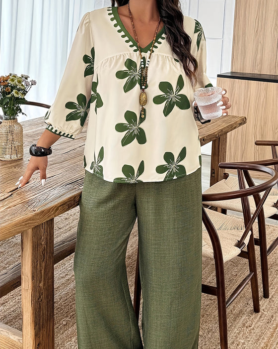 Set Blumig Druck V-Ausschnitt Top Weites Bein Hose