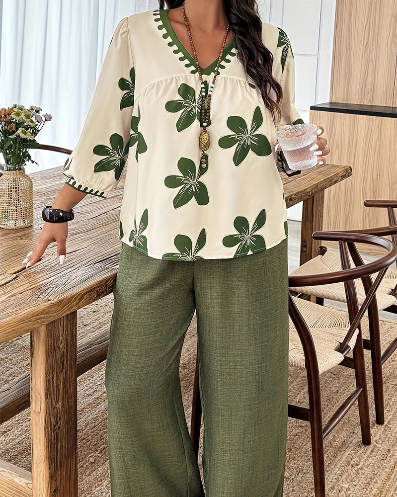 Set Blumig Druck V-Ausschnitt Top Weites Bein Hose