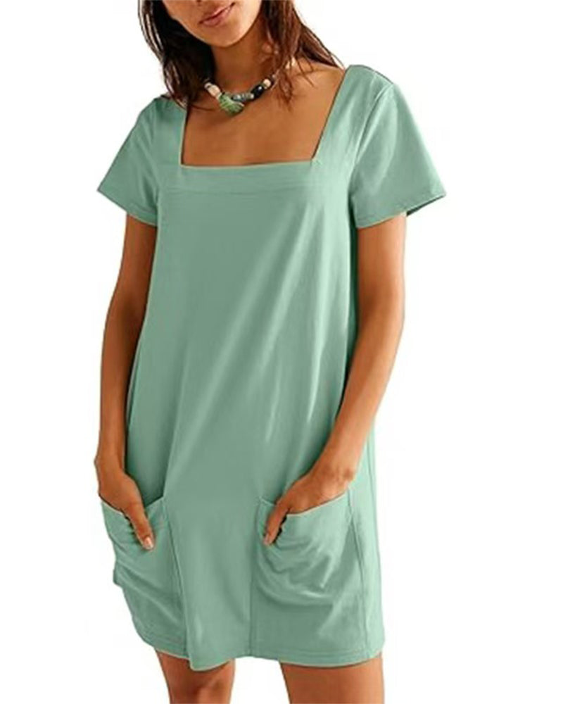 Kleid Quadratischer Ausschnitt Kurzarm Tasche