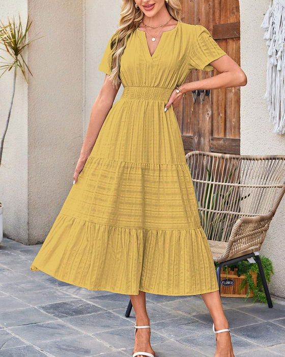 Kleid V-Ausschnitt Gerafft Puffärmel Kurzarm
