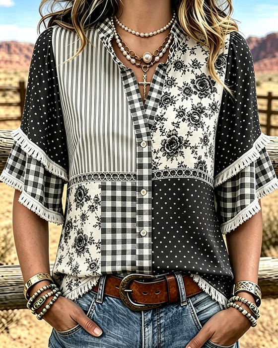 Bluse Mandarin Kragen Polka Dot Karo