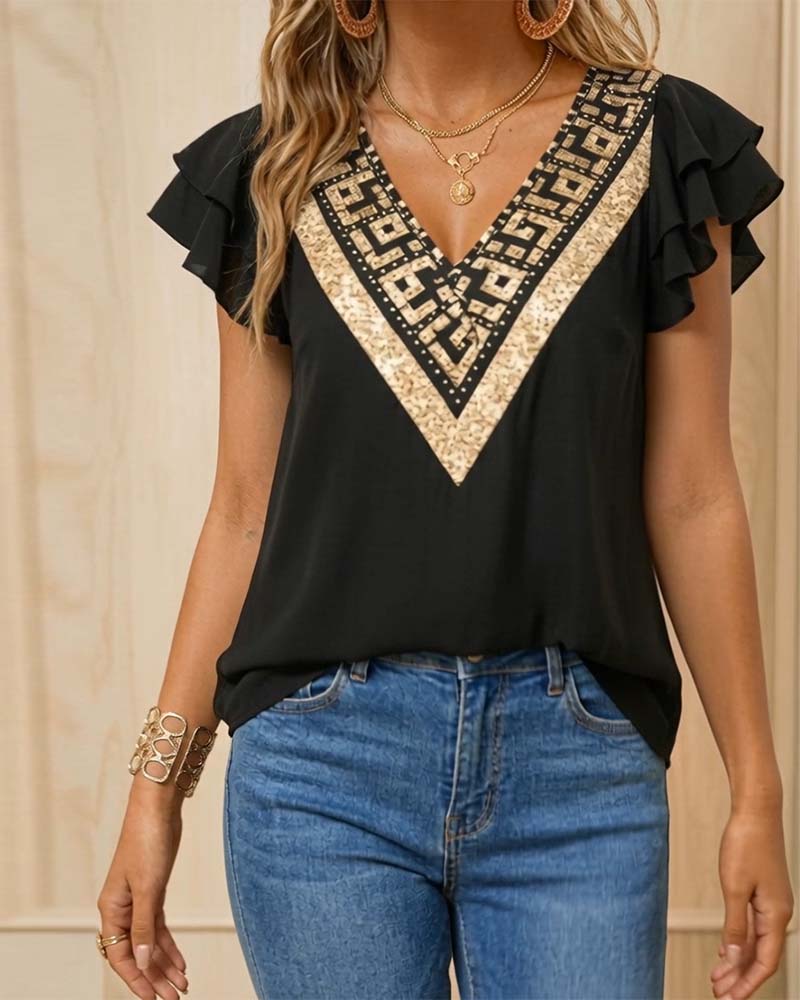 Bluse Lotusblatt-Druck V-Ausschnitt Kontrast