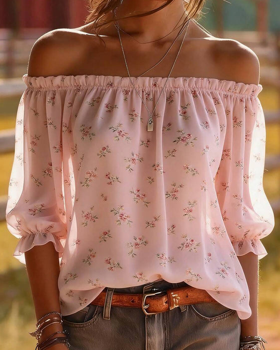 Bluse Off-Shoulder Blumig Dreiviertel Ärmel