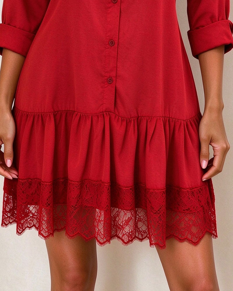 Kleid Stehkragen Patchwork Spitzenbesatz
