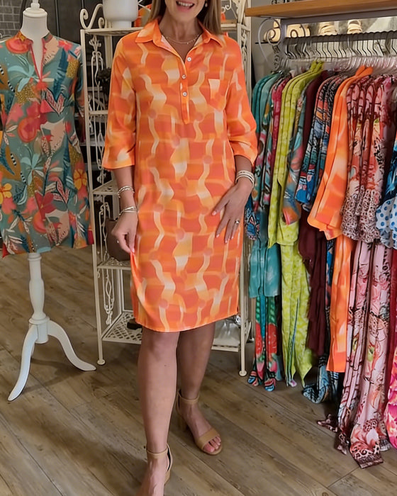 Kleid Dreiviertelärmel Kragen geometrischer Druck