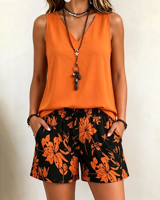 Sets V-Ausschnitt Ärmellos Top Und Print Shorts
