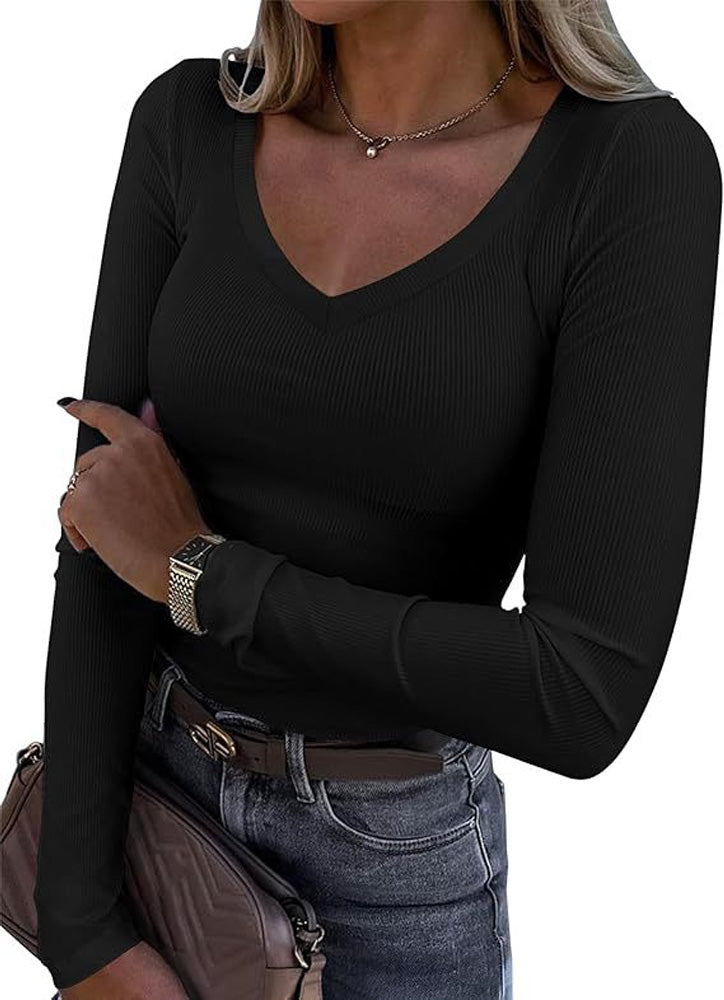 Top V-Ausschnitt Slim Langarm