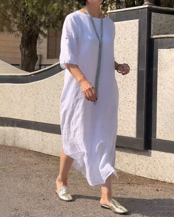 Kleid Rundhals Uni Ellenbogenlang Ärmel Locker