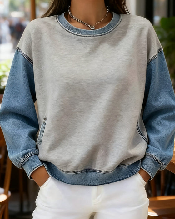 Sweatshirt Runder Ausschnitt Denim Patchwork