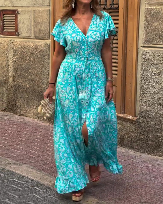 Kleid V-Ausschnitt Rüsche Schnürung