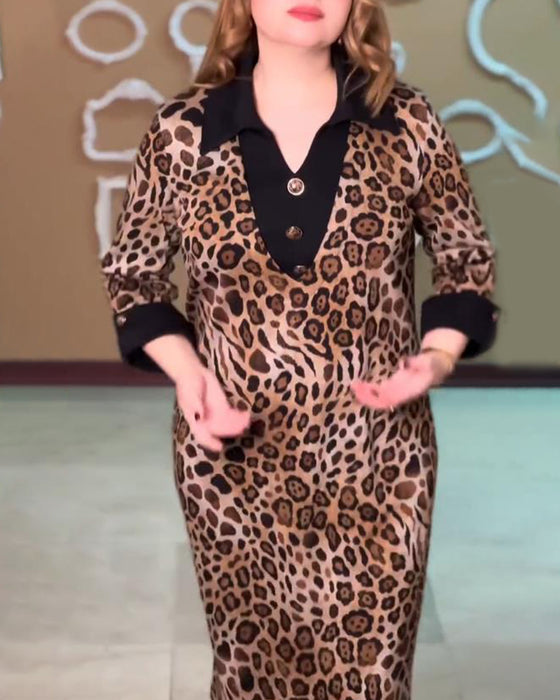 Kleid Mit Farbblock-Detail, Leopardenmuster, V-Ausschnitt Und Kühner Stimmung