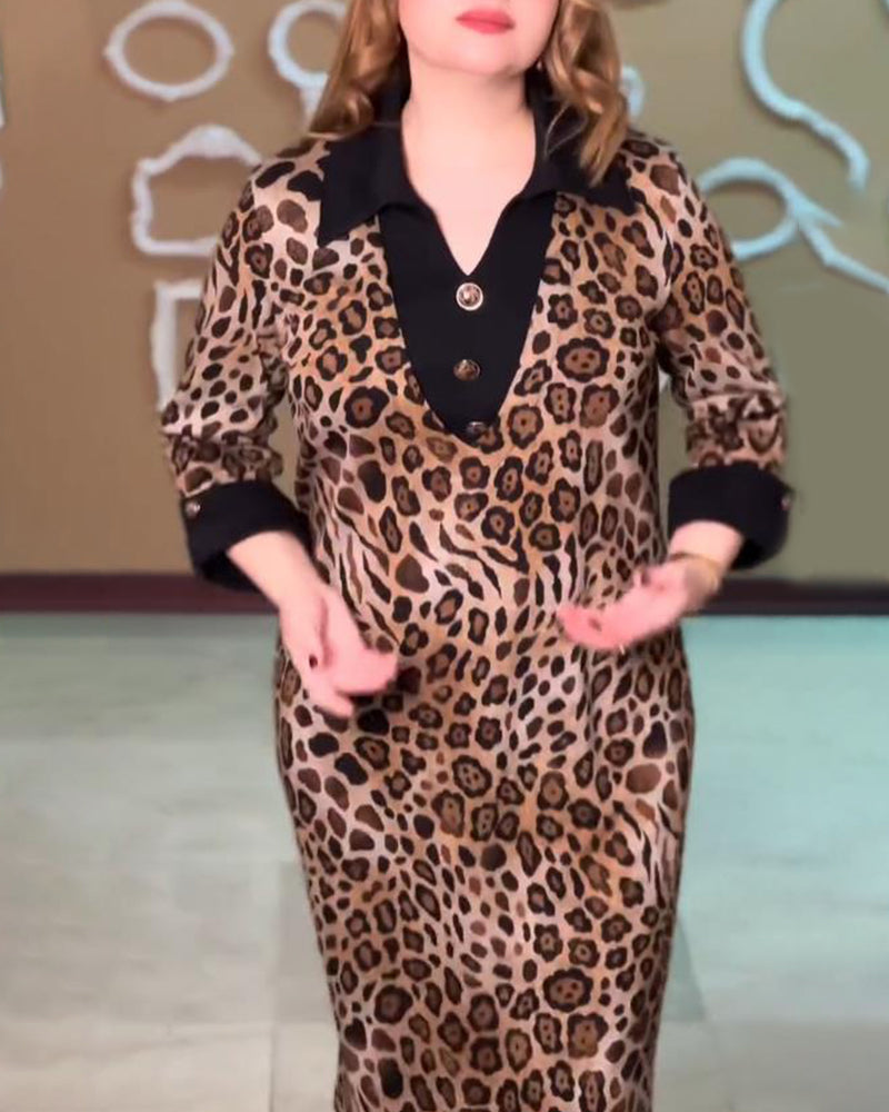 Kleid Mit Farbblock-Detail, Leopardenmuster, V-Ausschnitt Und Kühner Stimmung