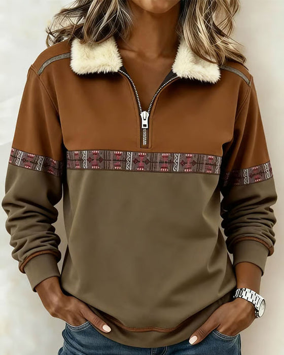 Sweatshirt Fleece Farbblock Halber Reißverschluss