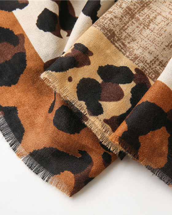 Damen Schal Leopard Patchwork Print Fransen Schal
