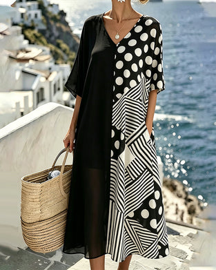 Kleid V-Ausschnitt Polka Dot Streifen Patchwork
