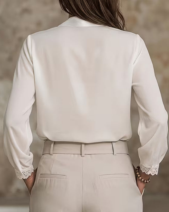 Bluse Uni Rollkragen Spitze Lange Ärmel