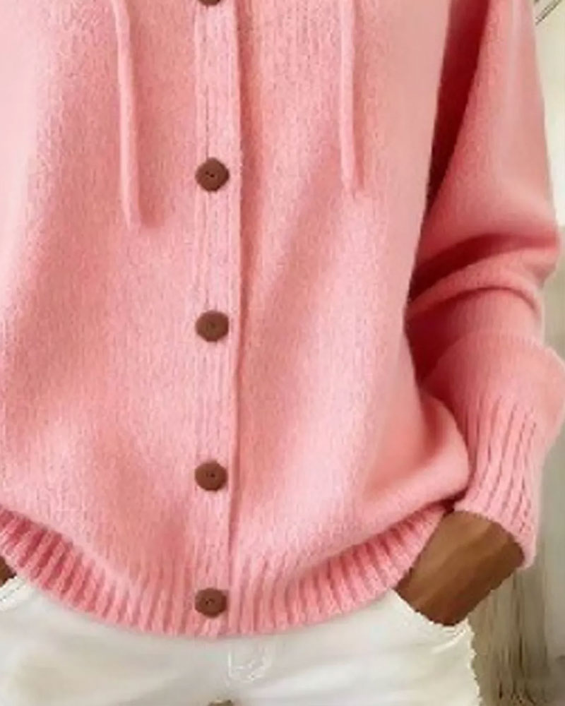 Cardigan Einfarbig Kapuze Knopfleiste