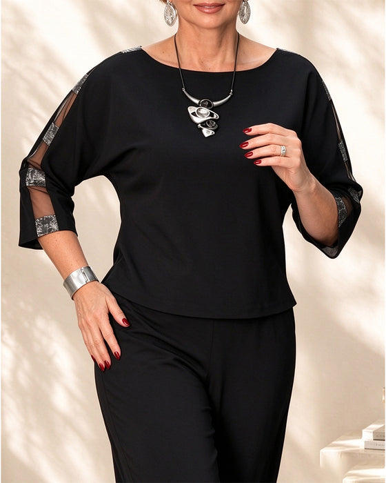 Bluse Rundhals Sheer Dreiviertel Ärmel