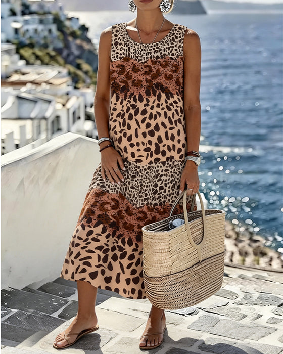 Kleid Farbblock Leopard Druck Ärmellos Midi