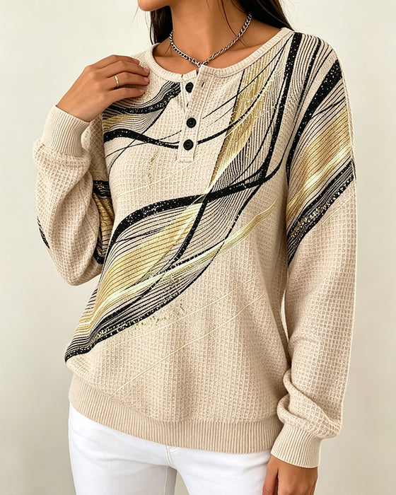 Sweatshirt Rund-Hals Knopf-Leiste Gestreift