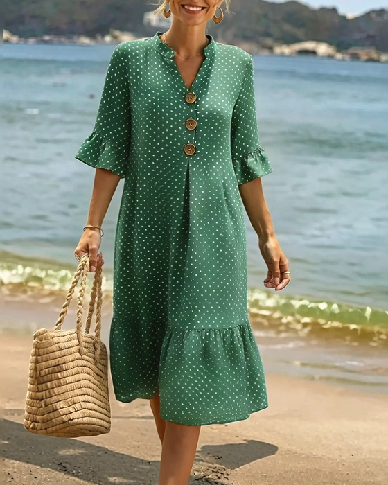 Kleid Polka Dot V-Ausschnitt Rüsche Ärmel