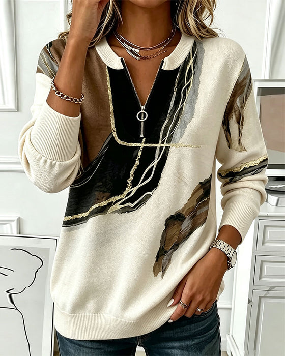 Sweatshirt Rundhals Bedruckt Halb-Zip