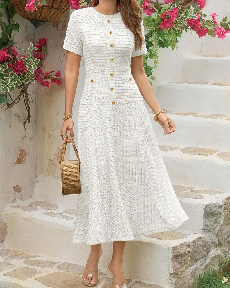 Kleid Rundhals Slim Fit Knopf Patchwork