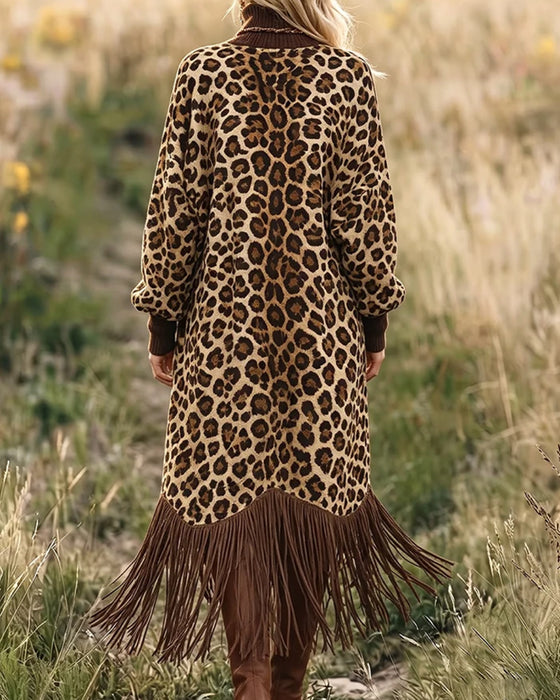 Kleid Leopardenmuster Fransenlaterne Ärmel