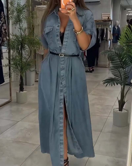 Kleid Hemd Kragen Tasche Knopf Denim