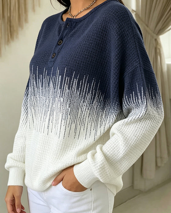 Sweatshirt Rundhalsausschnitt Knopf Waffelstrick Farbblock