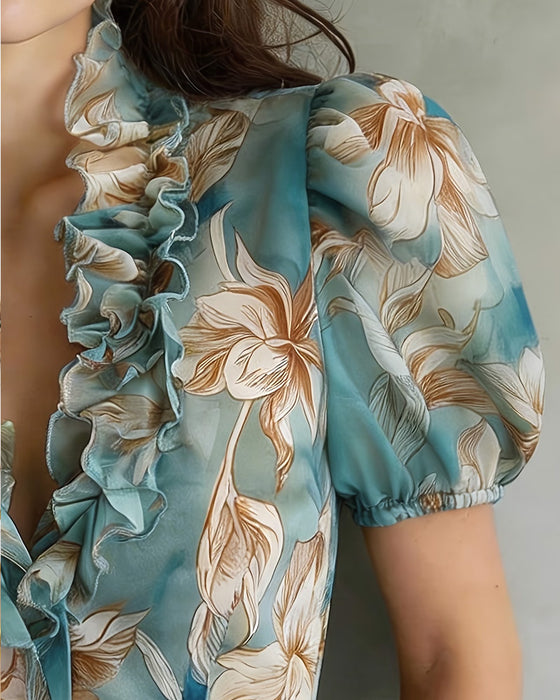 Bluse Mit Rüschen Blumig Puffärmel