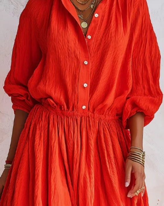 Kleid Revers Figurbetonte Taille Hemd Ausgestellt Lang