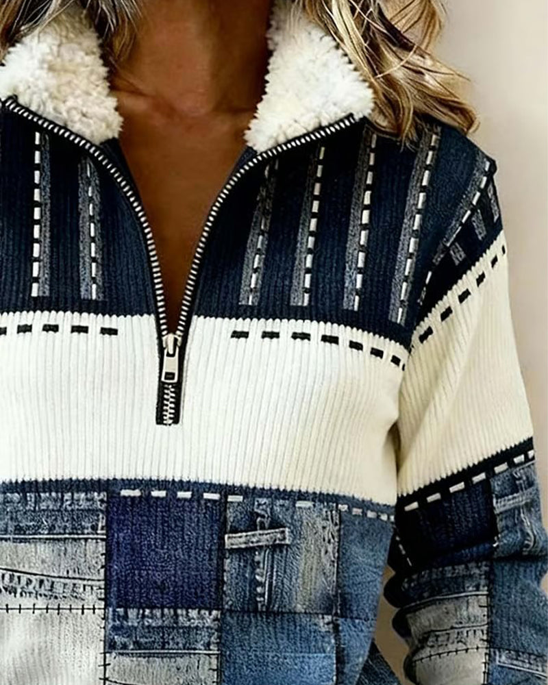 Retro-Sweatshirt mit Halbreißverschluss-Kragen