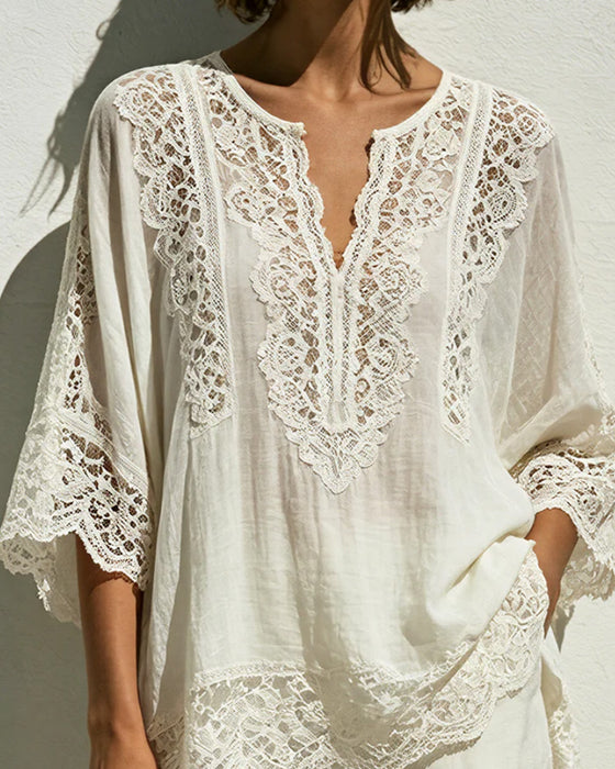 Einfarbige Spitzen-V-Ausschnitt-Bluse