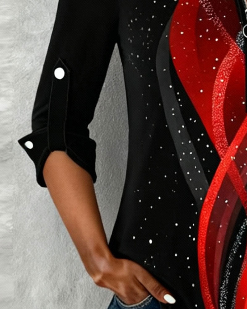 Langärmliges bedrucktes Top mit Halbreißverschluss