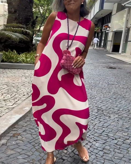 Rundhals-Armloses Kleid Mit Geometrischem Druck