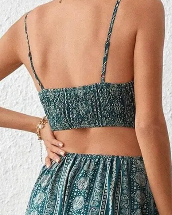 Kleid Ethnisch Druck Ausgeschnitten Schlitz Träger Lang