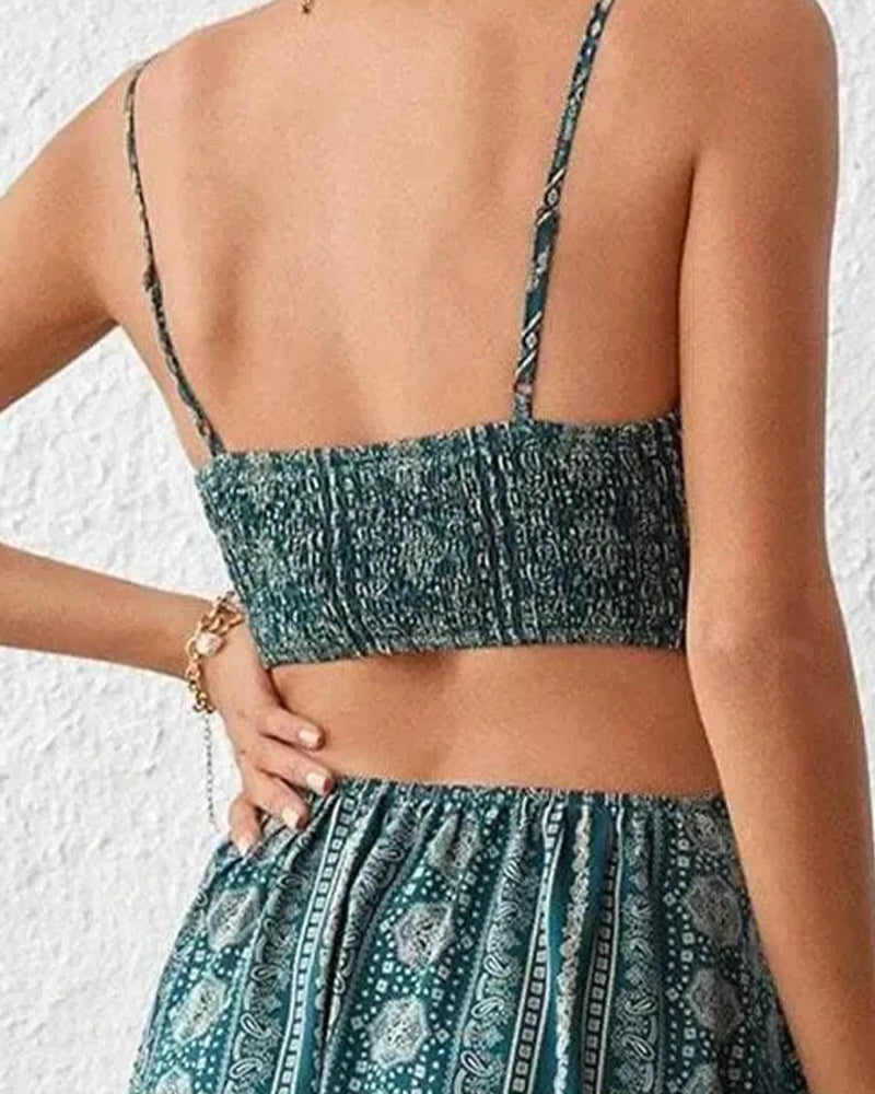 Kleid Ethnisch Druck Ausgeschnitten Schlitz Träger Lang