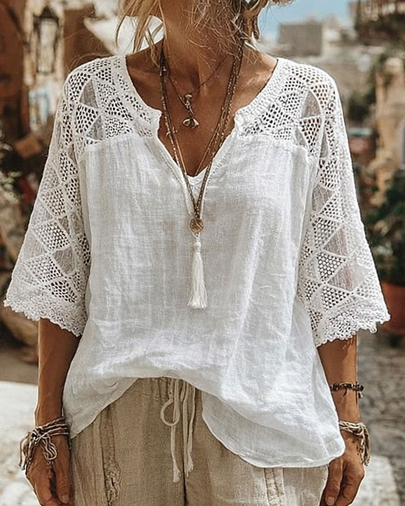 Bluse Unifarben eingefasst V-Ausschnitt