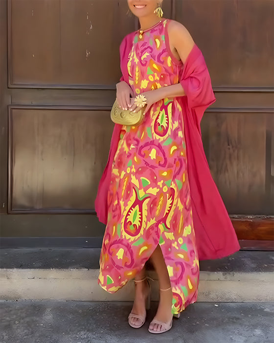 Set Ärmelloses Langes Kleid Mit Langer Strickjacke