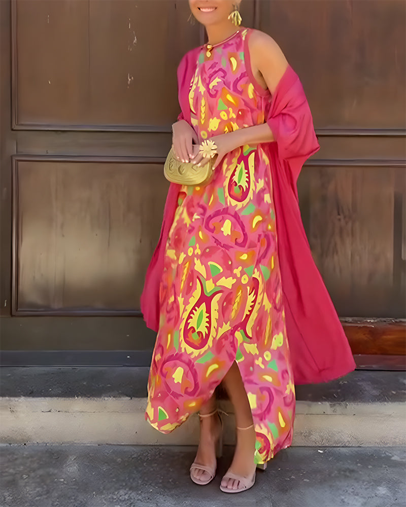 Set Ärmelloses Langes Kleid Mit Langer Strickjacke