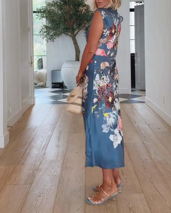 Kleid Hoher Hals Ärmellos Blumig Tailliert