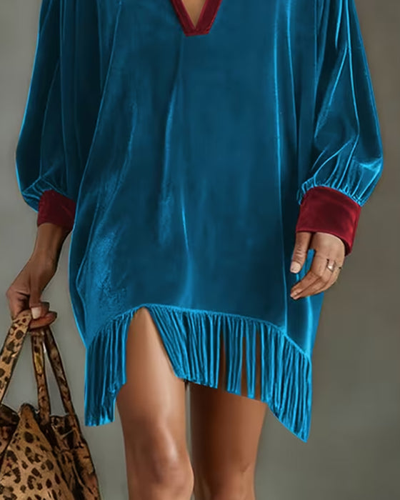 Kleid V-Ausschnitt Revers Kontrast Franse