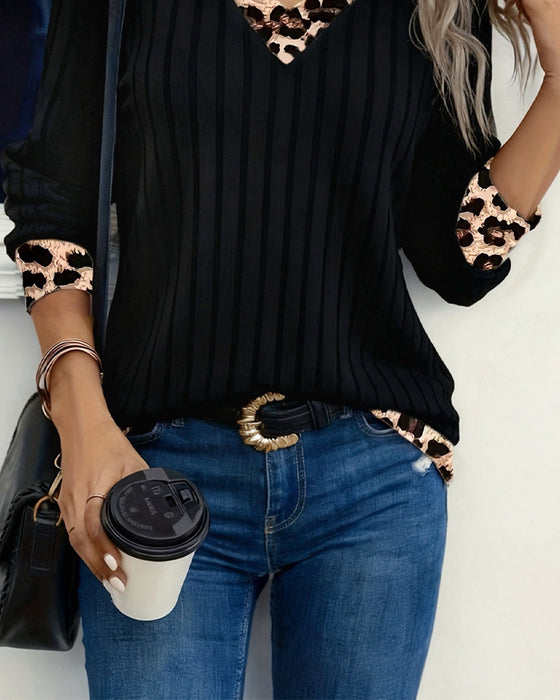 Oberteil Langarm V-Ausschnitt Leopard Patchwork