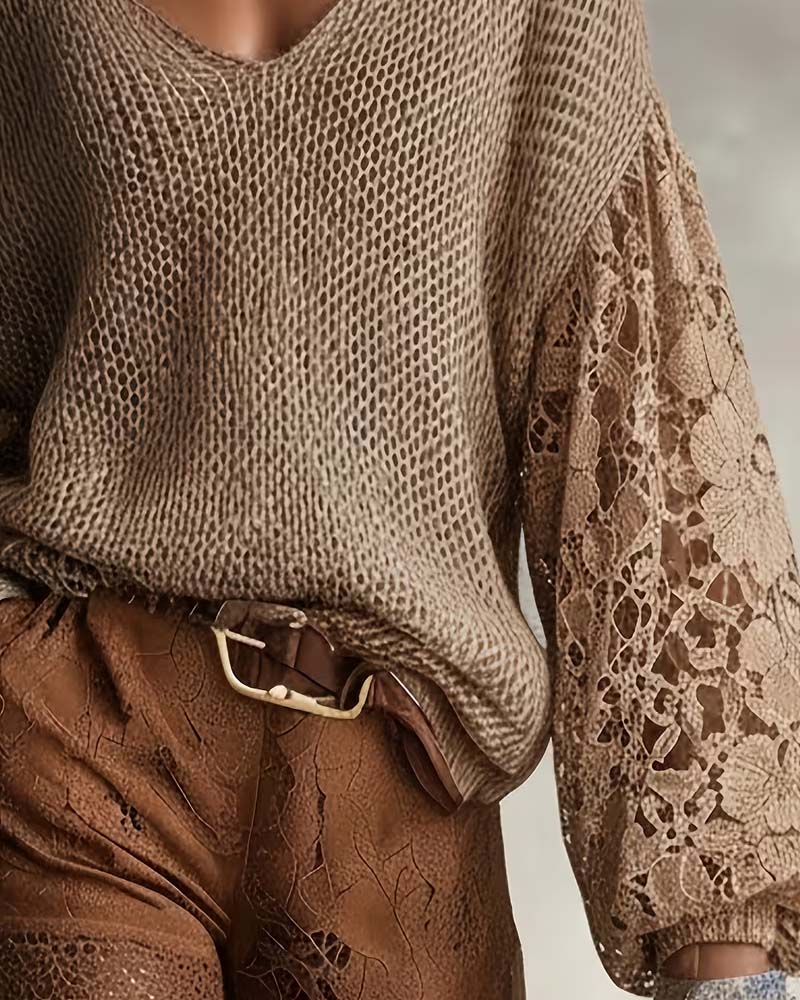 Pullover Spitze Cut-Out Patchwork Laternenärmel