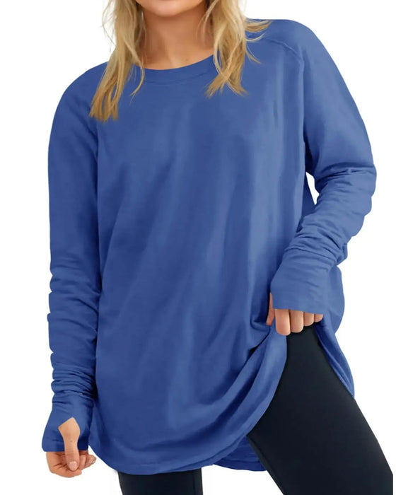 T-Shirt Rundhals Langarm Unifarben Locker