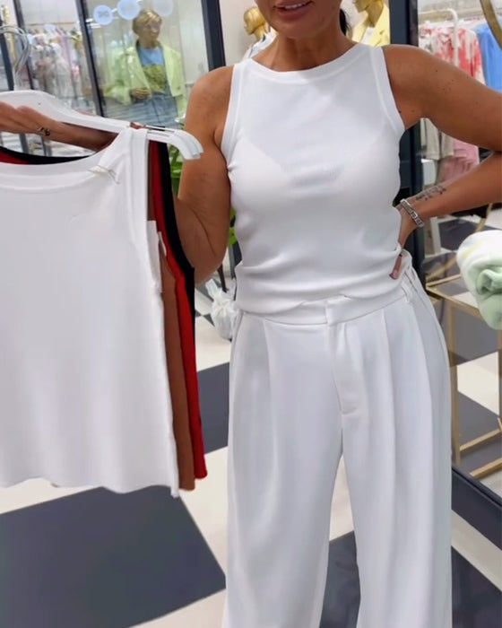 Tanktop Ärmellos Unifarben Rundhals